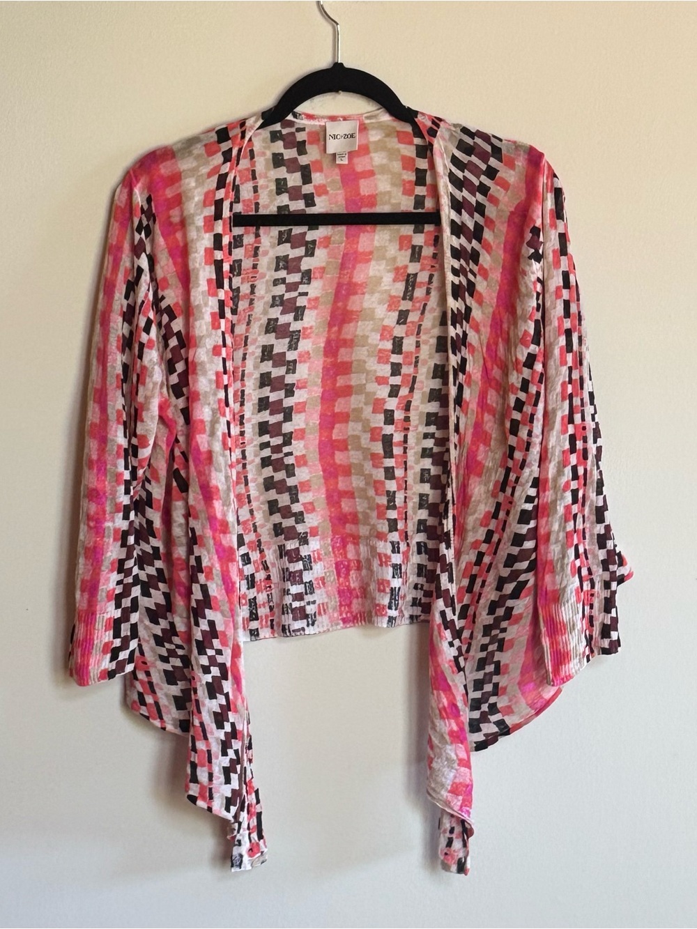 NIC+ZOE Linen Blend Sheer Tie Front Top Cardigan Pink Multi Size L